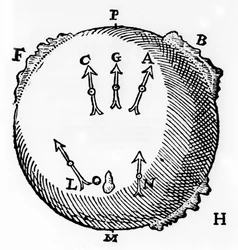 A terrella or globe-shaped magnet with lumps of iron to represent mountains and showing the north-seeking property of a magnetic needle. From William Gilbert De Magnete, London, 1600
